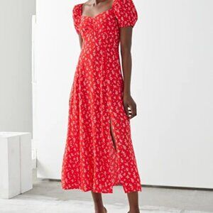 & Other Stories | Flowy Puff Sleeve Midi Dress - Red Florals | Size 4